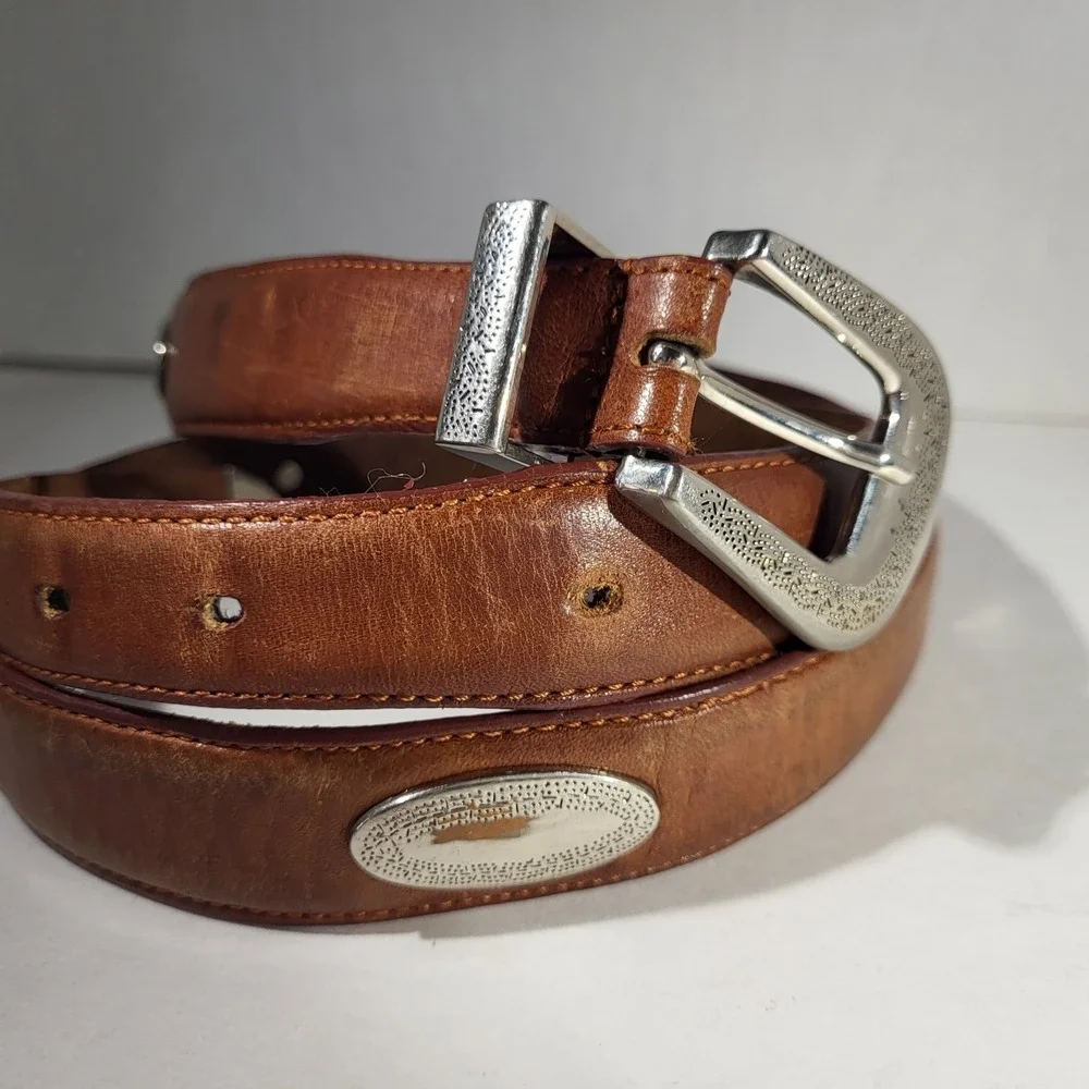 Brown Leather Belt 46 Silver‑Tone Buckle Medallions Western Unisex